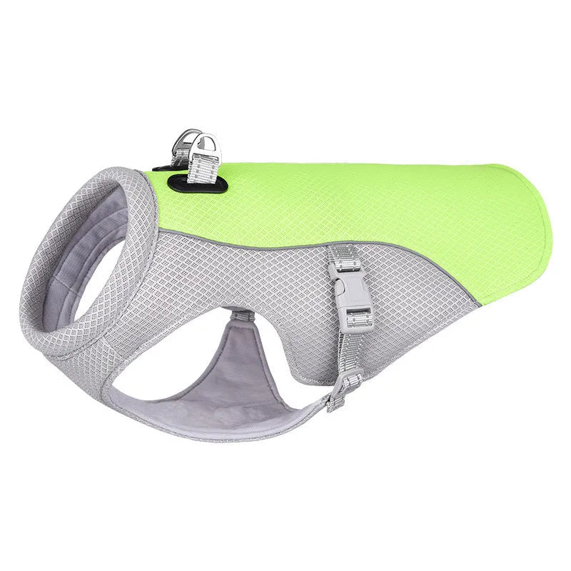 Orange polyester dog cooling vest with layered construction for evaporative cooling and UV protection.