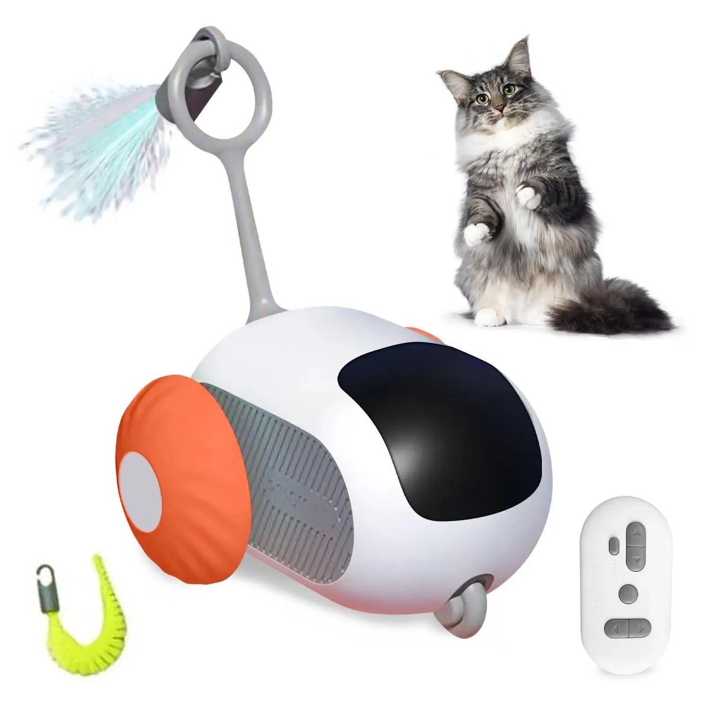 Blue remote control cat toy car with feather teaser on plastic chassis showing USB charging port