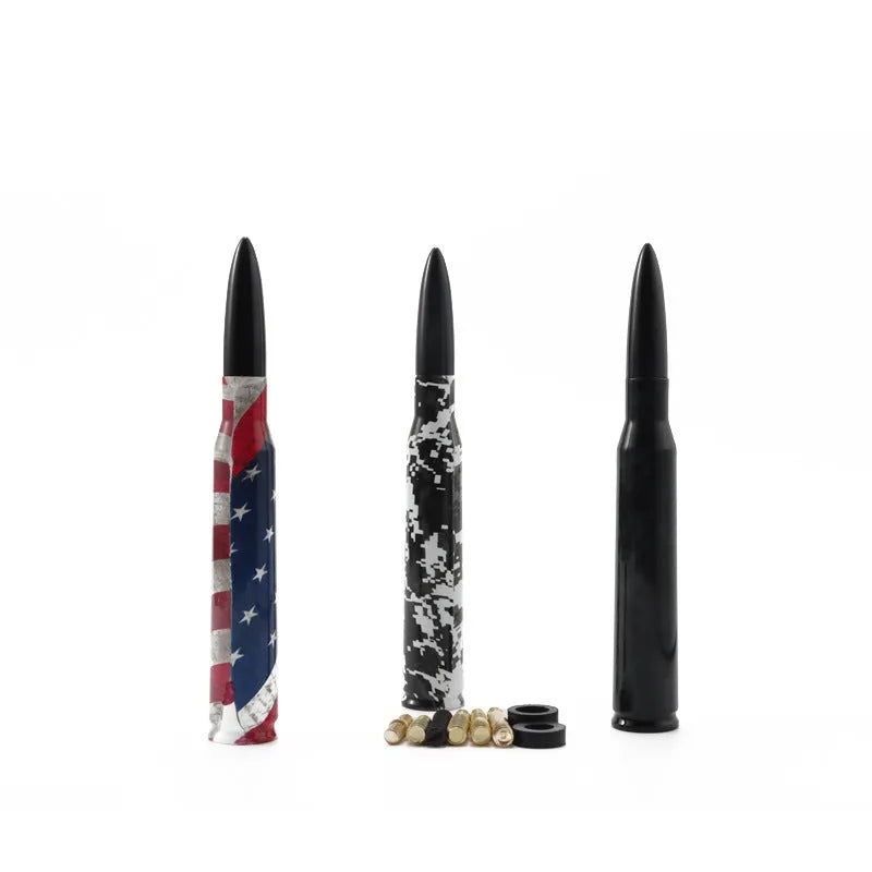 14cm long bullet car antenna shown in colour black, camouflage green, and American flag designs.