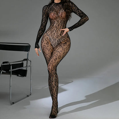 Black women's one-piece lingerie with long fishnet sleeves and a backless jacquard pattern.