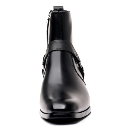 Black unisex chain ankle boot with side zip, square toe, and rivet details on a 6-8cm horseshoe heel.