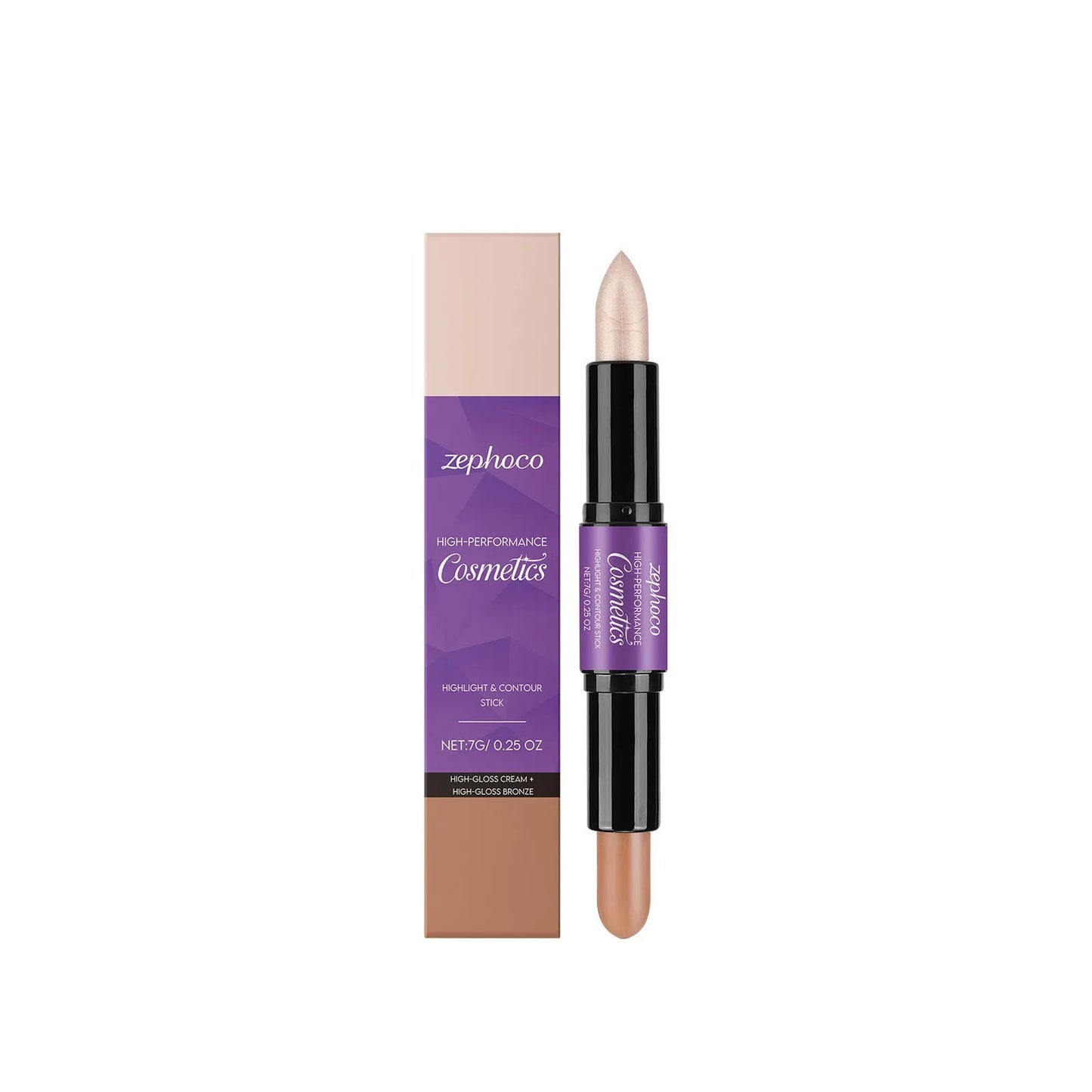 Dual-ended cream highlight and contour makeup stick showing three colour finish options