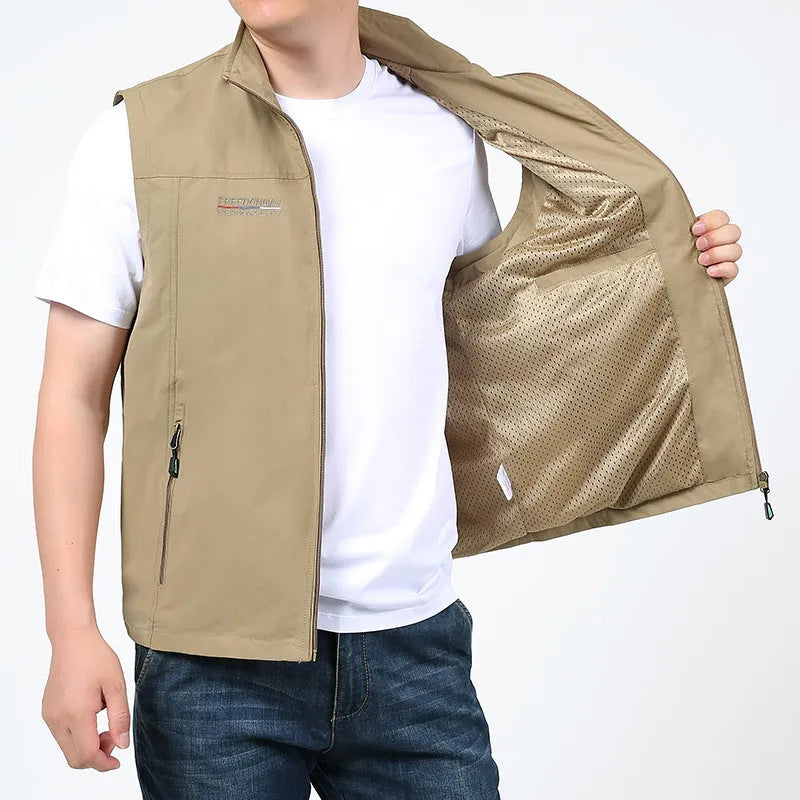 Hooded striped waterproof vest with multiple patch pockets in khaki colour