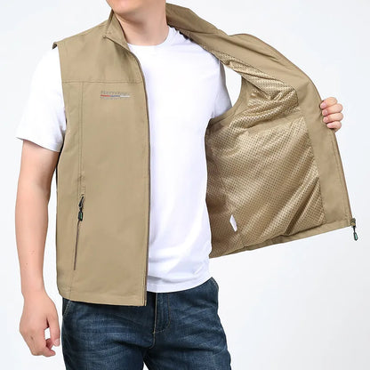 Hooded striped waterproof vest with multiple patch pockets in khaki colour