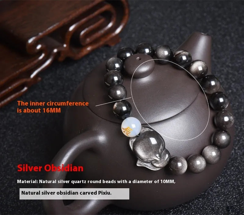 Natural obsidian stone bracelet with 10mm beads in gold, silver or black zodiac guardian styles