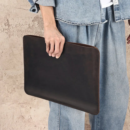 Brown Crazy Horse leather horizontal computer liner bag with first-layer cowhide lining and solid colour design