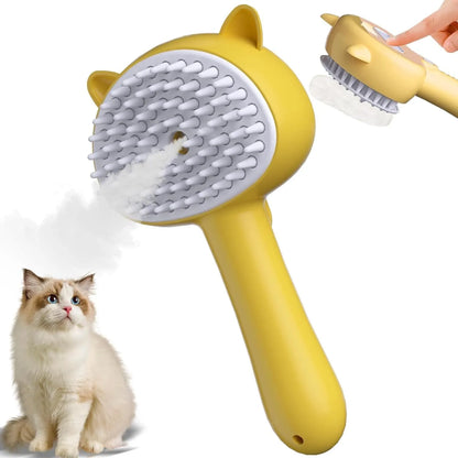Cat ear-shaped steam brush with blue handle, rubber bristles, and release button for pet grooming