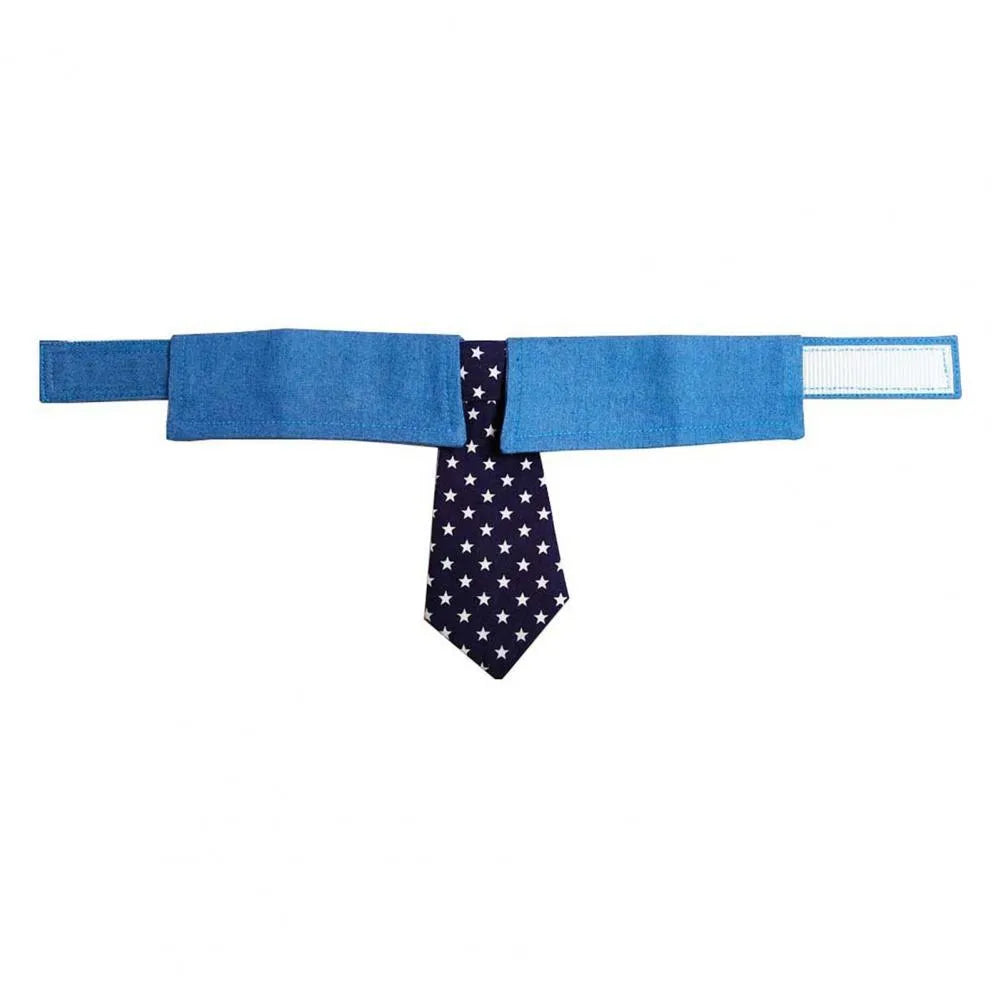 Adjustable denim pet collar with star pattern showing bow and tie styles for formal pet events