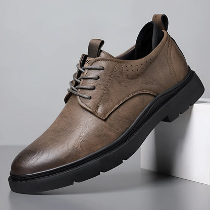 Men's black and brown leather shoes with rubber sole and sewing line detail for business and casual wear
