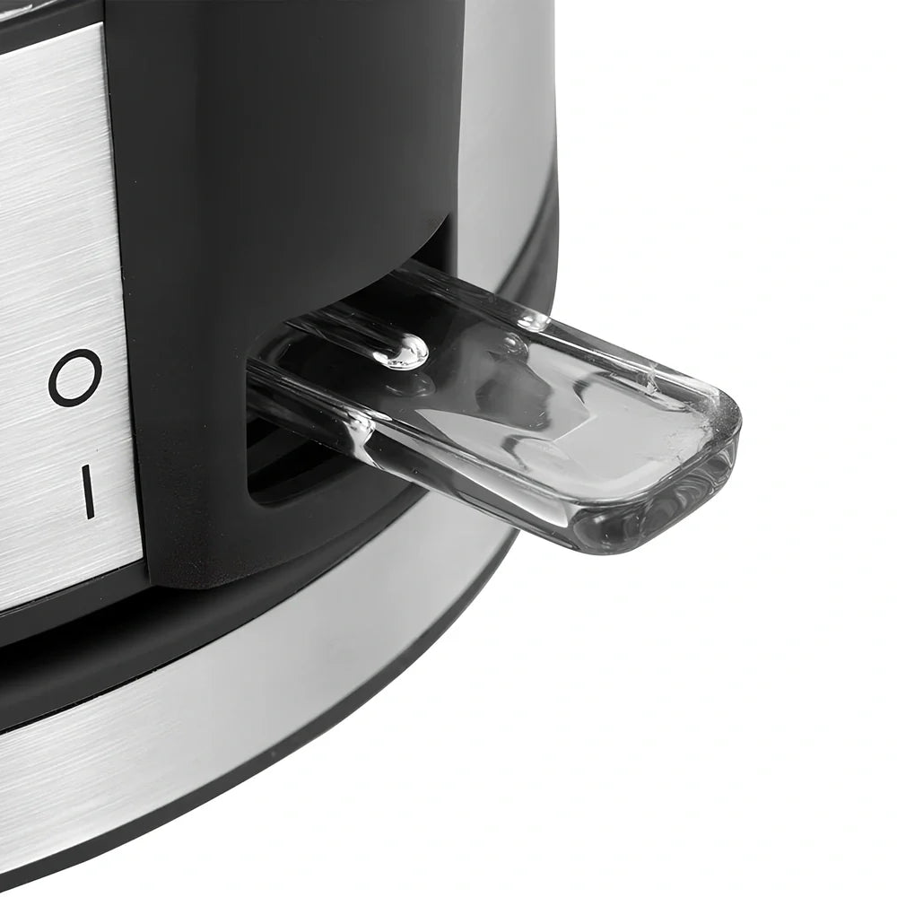 1.7L borosilicate glass electric kettle with 1800W heating, scale window, and push-button lid, dimensions 25.8x20x15cm