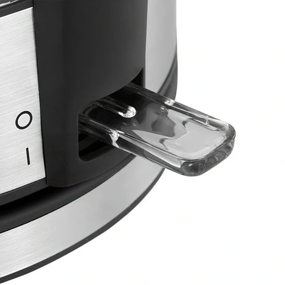 1.7L borosilicate glass electric kettle with 1800W heating, scale window, and push-button lid, dimensions 25.8x20x15cm