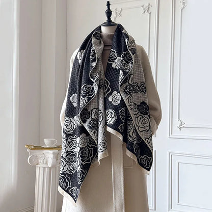 Cashmere-like winter scarf in grey, black, blue, or khaki with tassel details, shown flat to display its 185x65cm size.