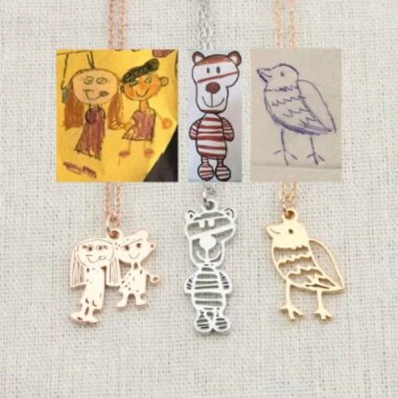 Custom children's artwork necklace with stainless steel chain and titanium steel pendant