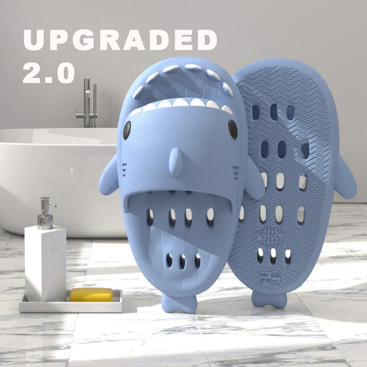 Stylish shark-themed shower slides with drainage holes and non-slip soles, made of lightweight and quick-drying EVA material