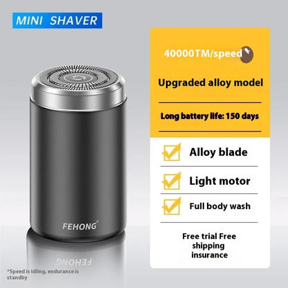 Mini gold and black men's electric shaver with washable design and low-noise brushless motor.