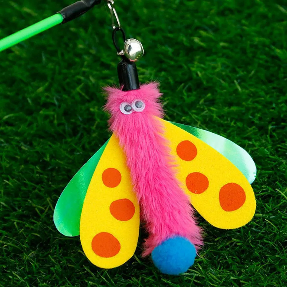 Cat wand toy with dragonfly attachment and bell on 49 cm blue ABS stick