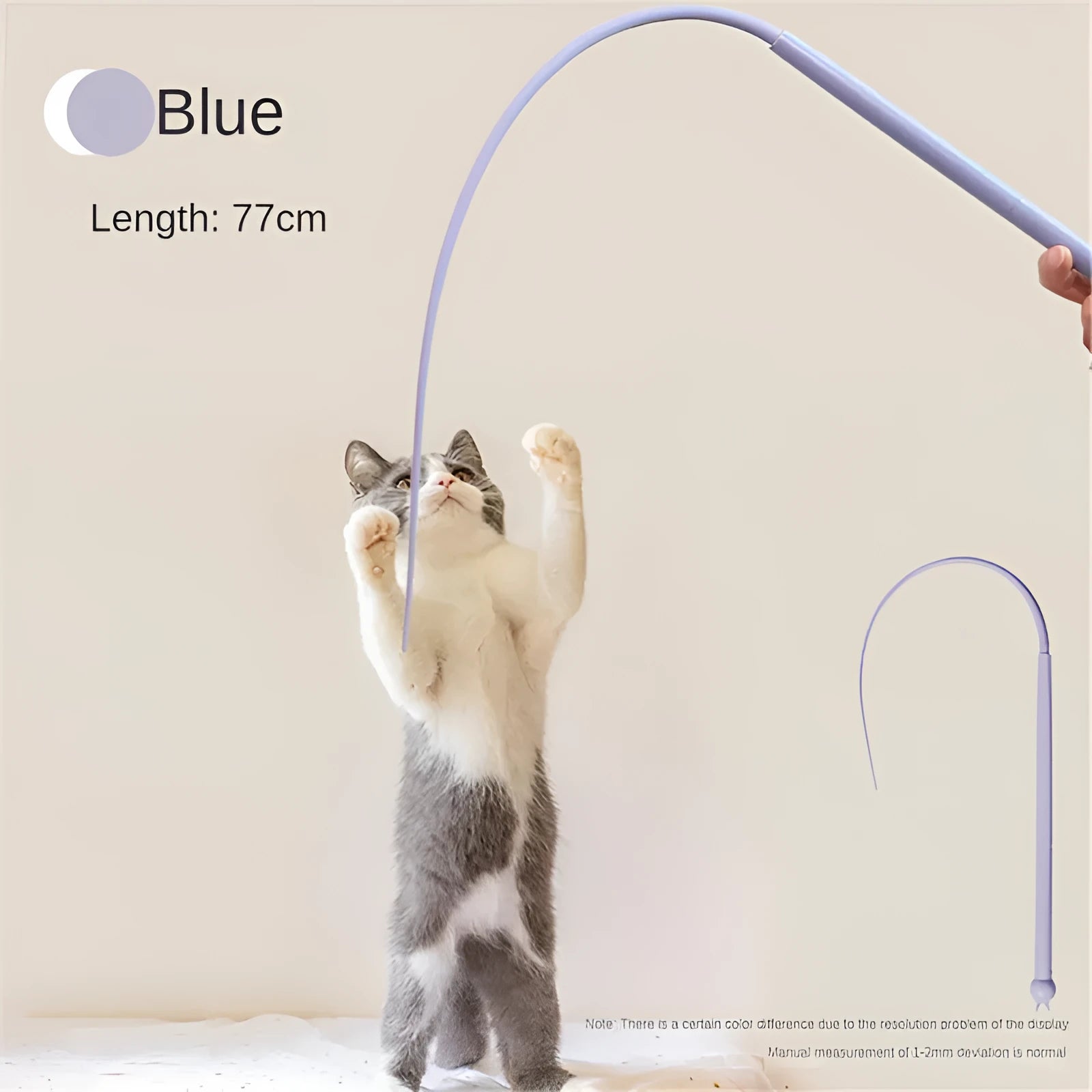 Simulated mouse tail cat teaser toy with blue silicone tail and cat-head handle.