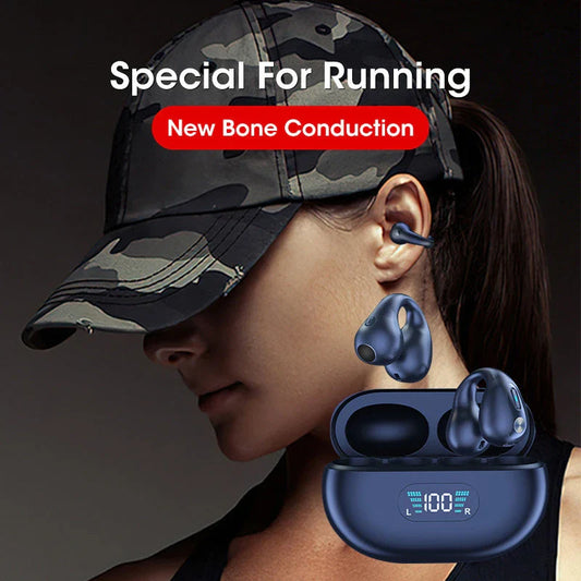 Bone conduction Bluetooth earphones with powerful bass, comfortable ear clip design, and long-lasting battery life