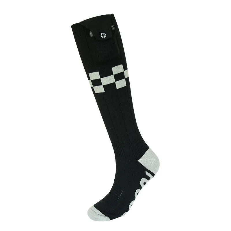 Black and grey mesh smart heating socks with USB cable and battery for skiing.