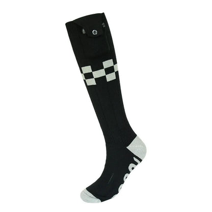 Black and grey mesh smart heating socks with USB cable and battery for skiing.