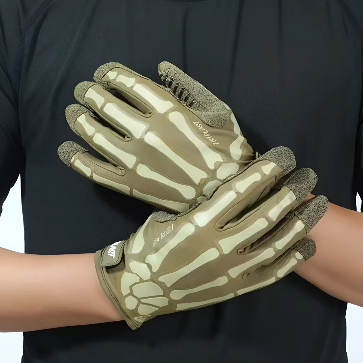 Skull luminous full finger riding gloves in black or khaki, ice silk polyester, touch screen and non-slip, sizes S-XXL