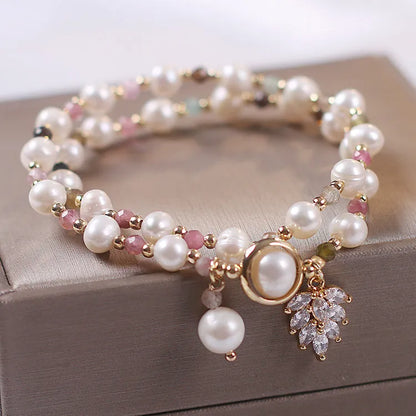 Red Cat's Eye Flower colour double-layer strawberry quartz crystal bracelet with lucky cat charm.