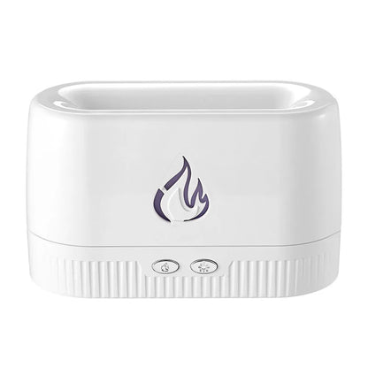 Black simulated flame aromatherapy humidifier with USB cable, water tank, and control buttons on a wooden surface.
