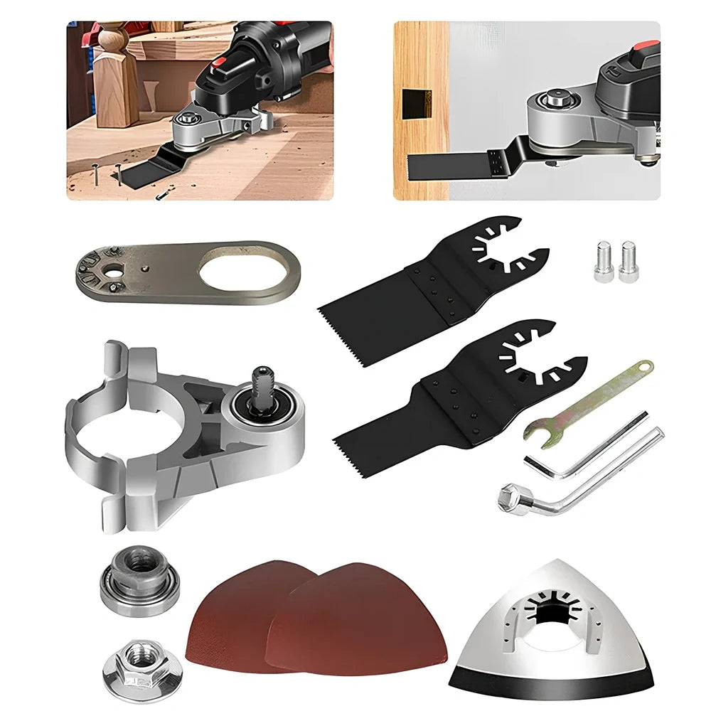 Metal angle grinder adapter kit with conversion head, wrench, sandpaper, grinding disc, and high carbon steel saw blades for multi-tool use