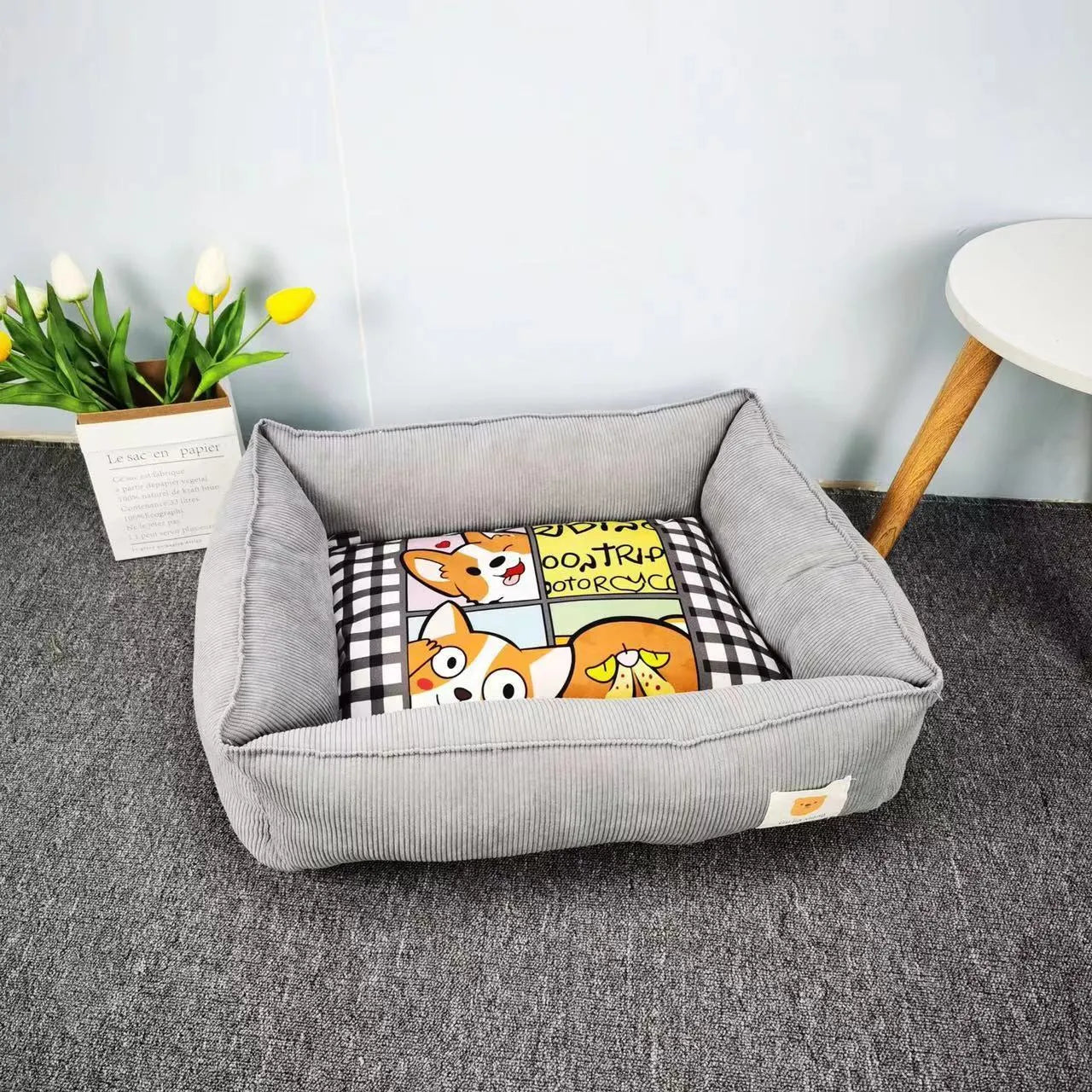 Cotton dog nest bed in light blue colour with soft velvet material and PP cotton filling