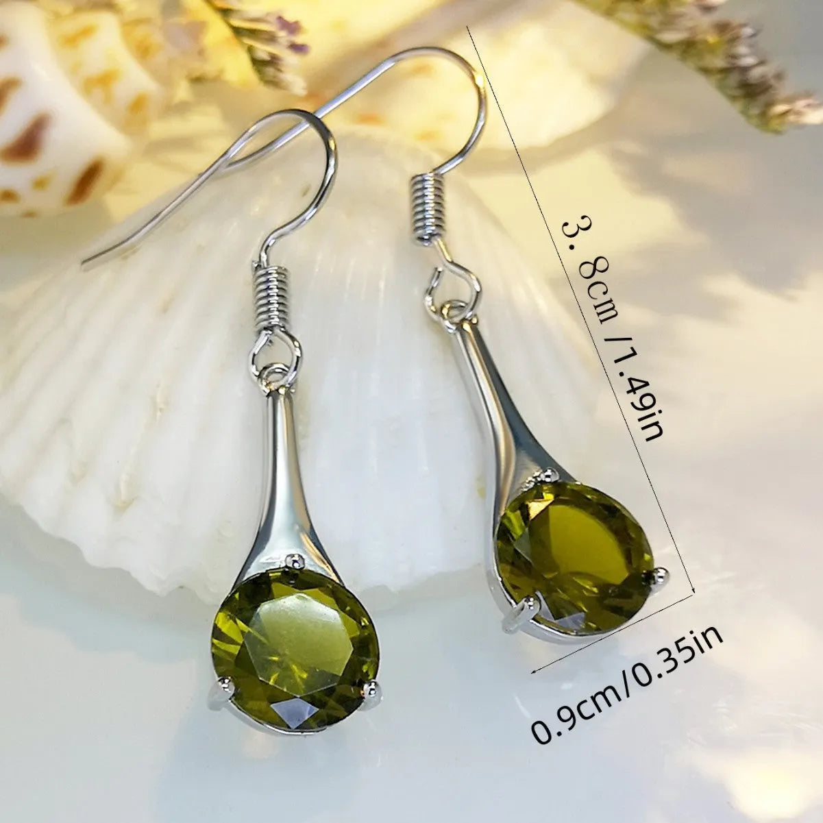 Olive green topaz earrings with water drop shape, electroplated alloy construction, and retro style for women