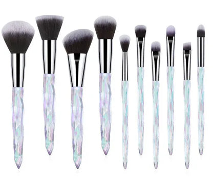 10 clear crystal foundation brushes with diamond shank handles and 4.5cm artificial fibre bristles arranged in set