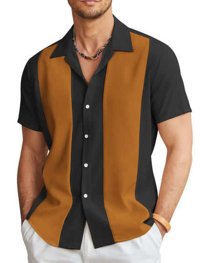 Man wearing a slim fit, short sleeve Hawaiian shirt with a digital print pattern in a casual setting