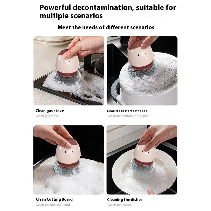 Automatic liquid filling dishwashing brush in cute chicken design with replaceable head