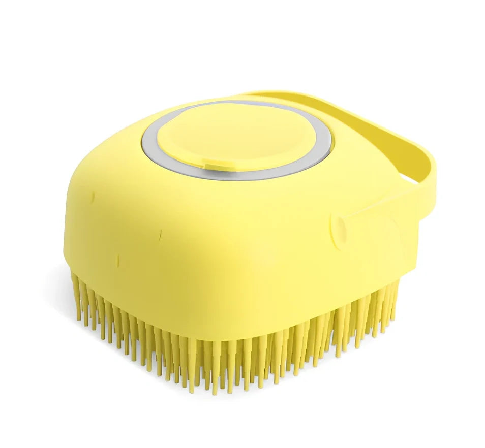 Yellow silicone shower brush with 45cm handle and 10cm x 8cm brush head containing 3,000 bristles