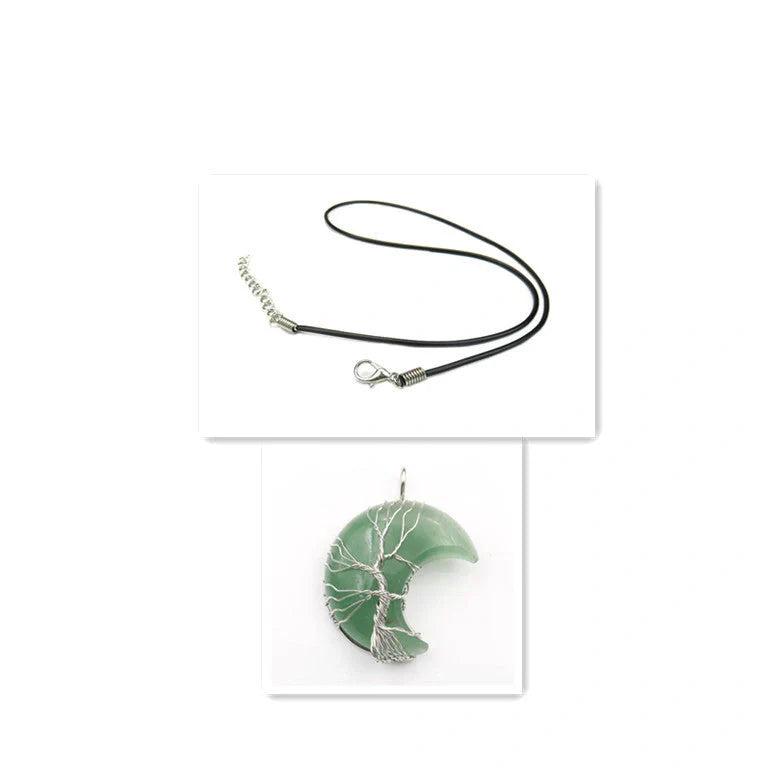 Handmade moon-shaped Tree of Life pendant necklace in natural crystal stone