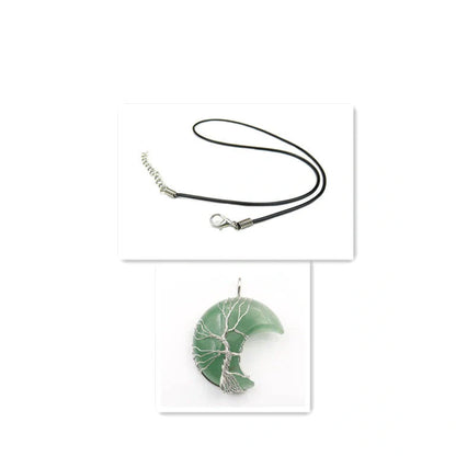 Handmade moon-shaped Tree of Life pendant necklace in natural crystal stone