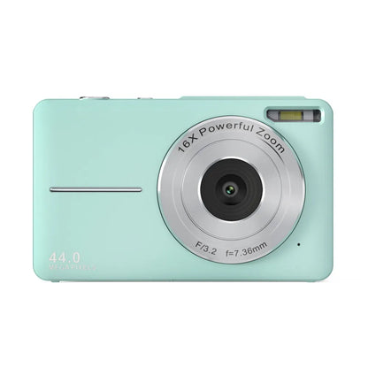 Colourful children's mini digital camera with large screen, showing black, pink and green options with lanyard.
