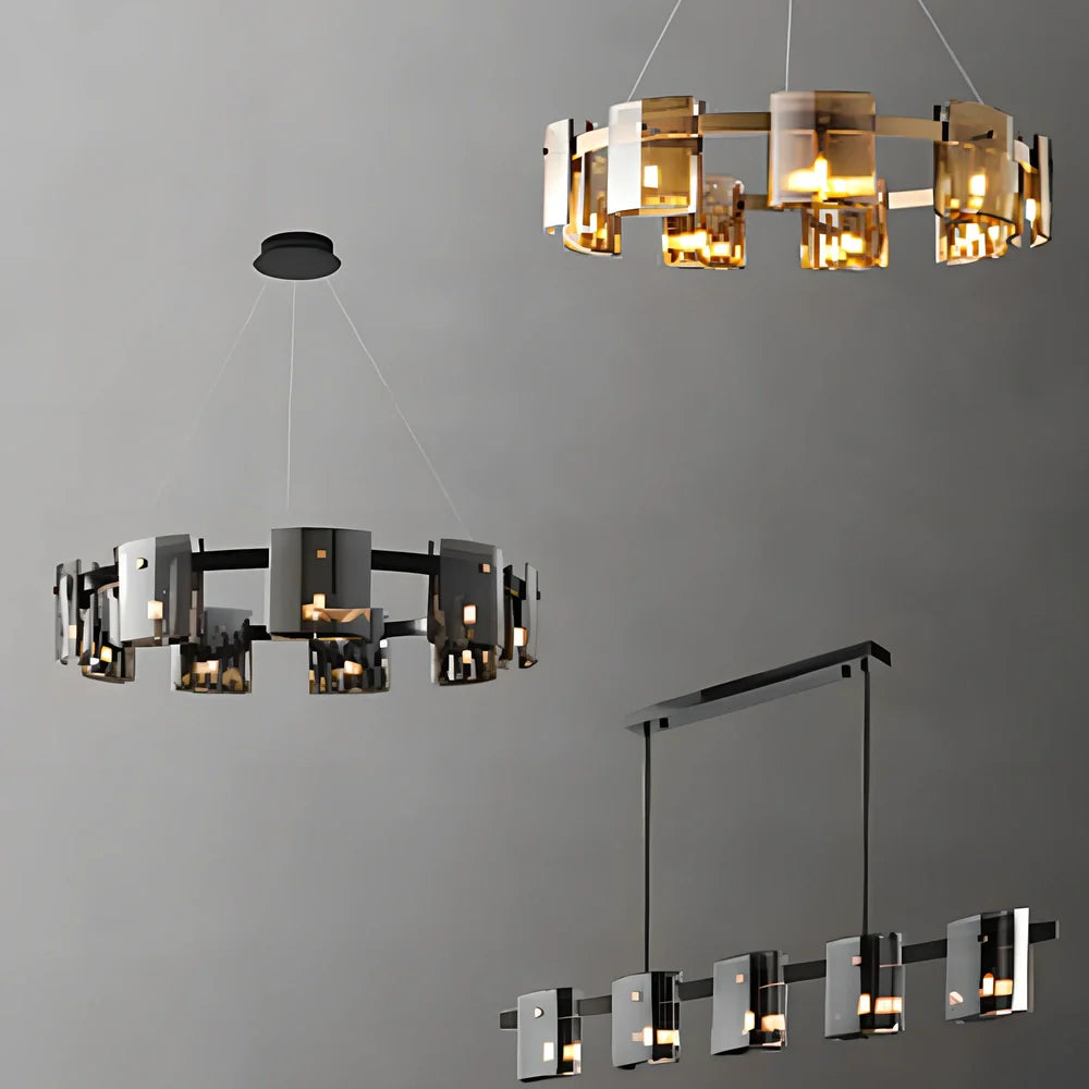 Glass fish-shaped chandelier with 6 LED lights, 600mm diameter, smoke grey finish
