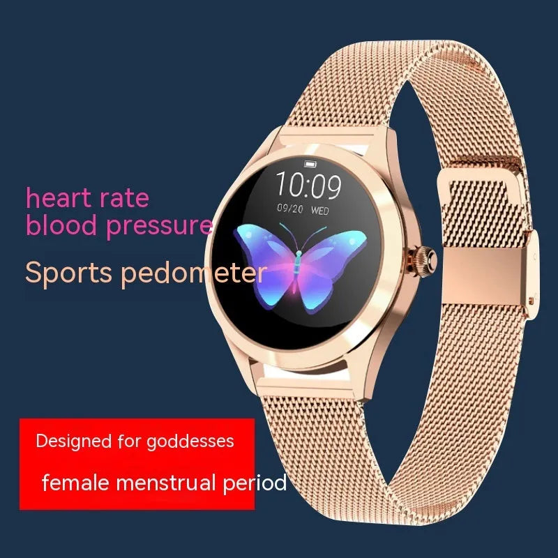 Women's sports smartwatch showing heart rate monitoring and available in black, rose gold, silver, or white colours.