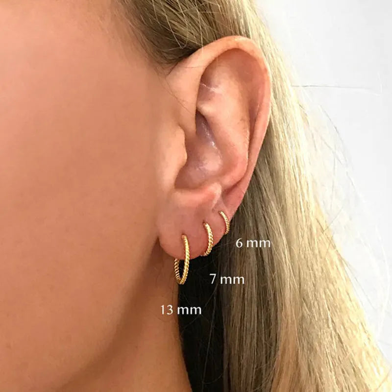 Sterling silver twisted string round ring earrings in gold or platinum colour