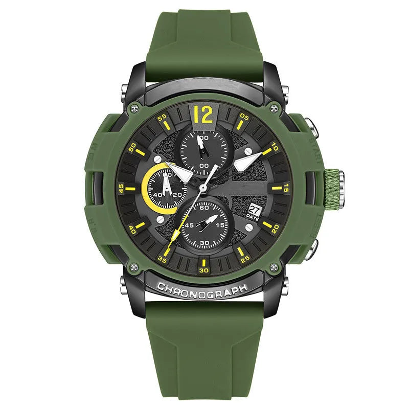 Men's black quartz watch with luminous hands on a 51mm case, showing calendar window and 24mm band.