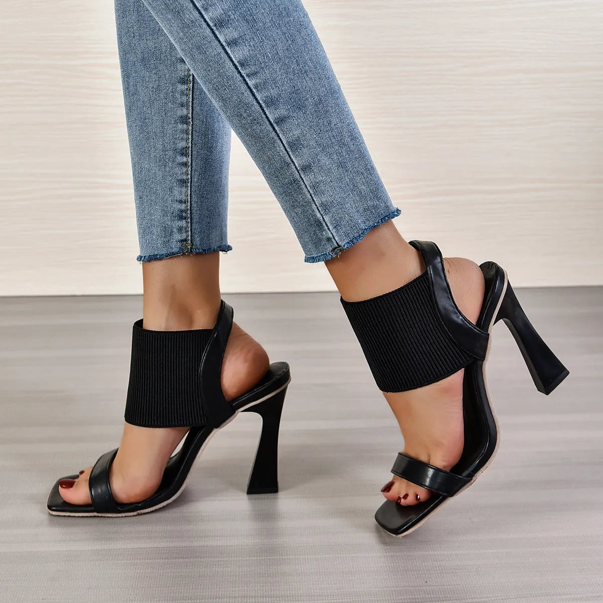 Women's high heel sandals with elastic strap in Black, Milky White, and Brown colours