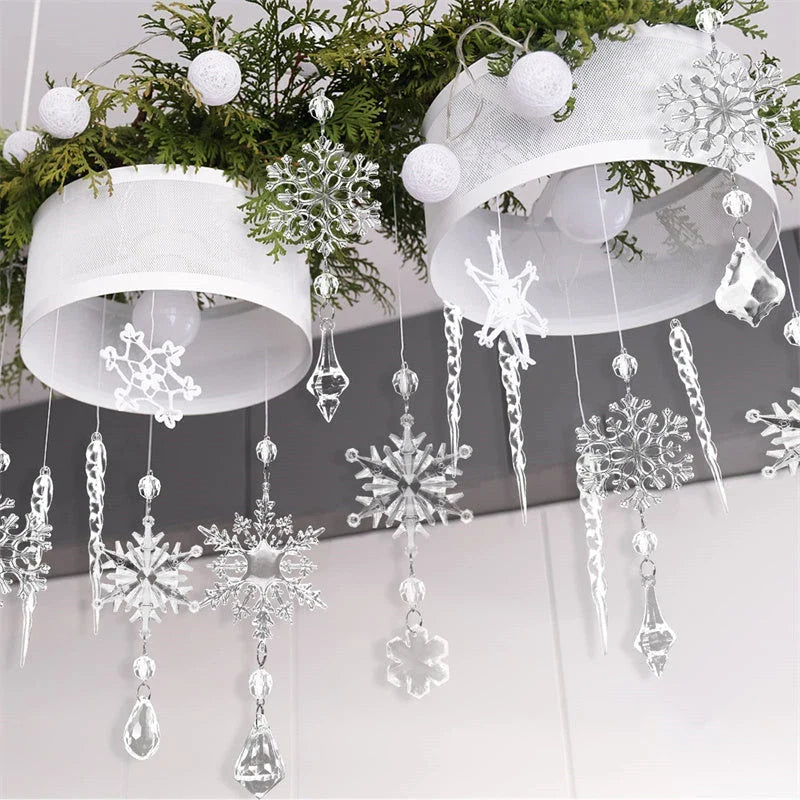 10 clear acrylic icicle ornaments with hanging holes and ribbons for easy holiday display