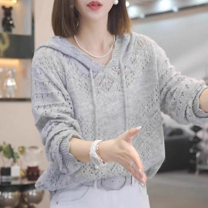 Women's white crochet hollow hooded longsuit undershirt with regular long sleeves and loose fit