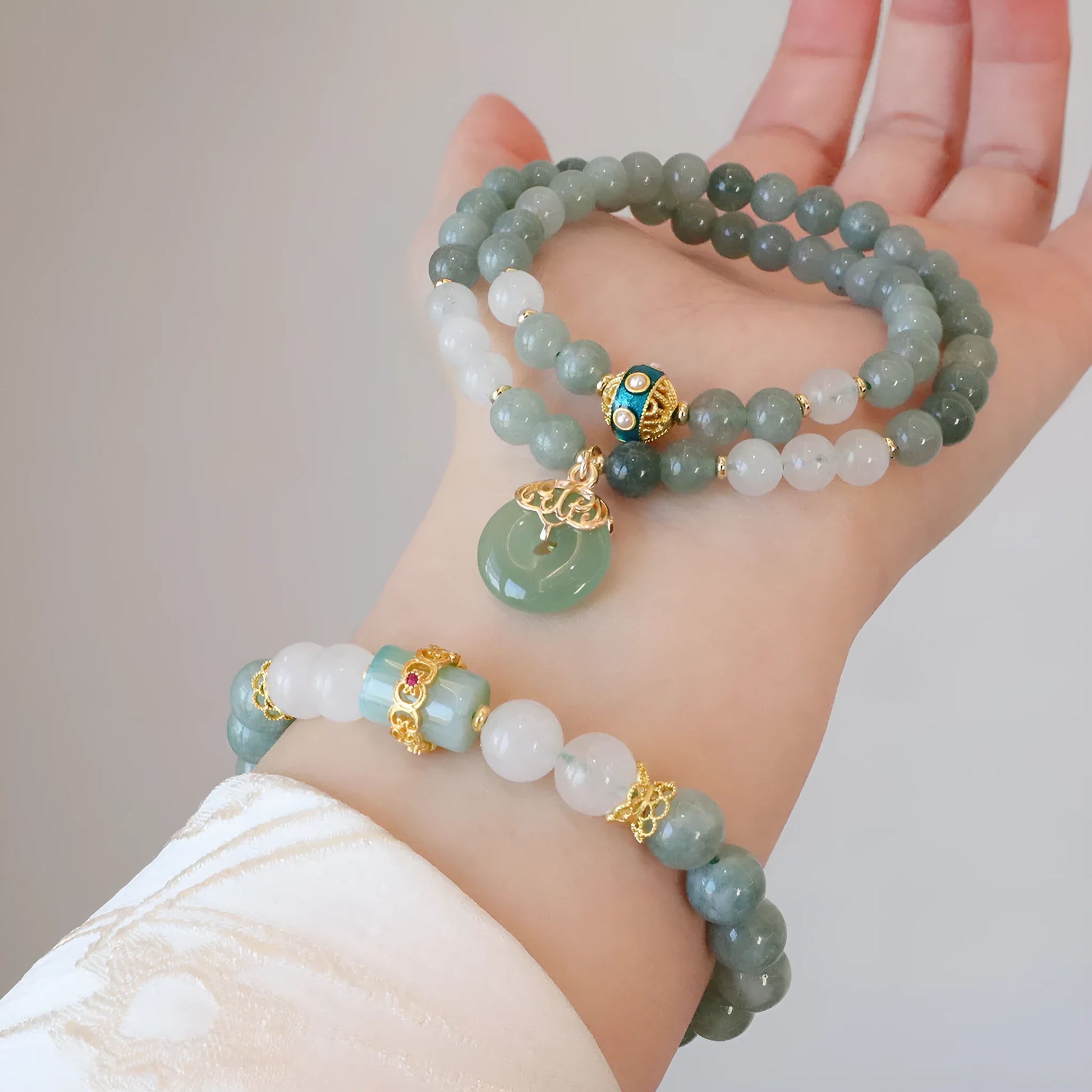Myanmar jade safety buckle pendant bracelet with crystal accents in New Chinese Style design