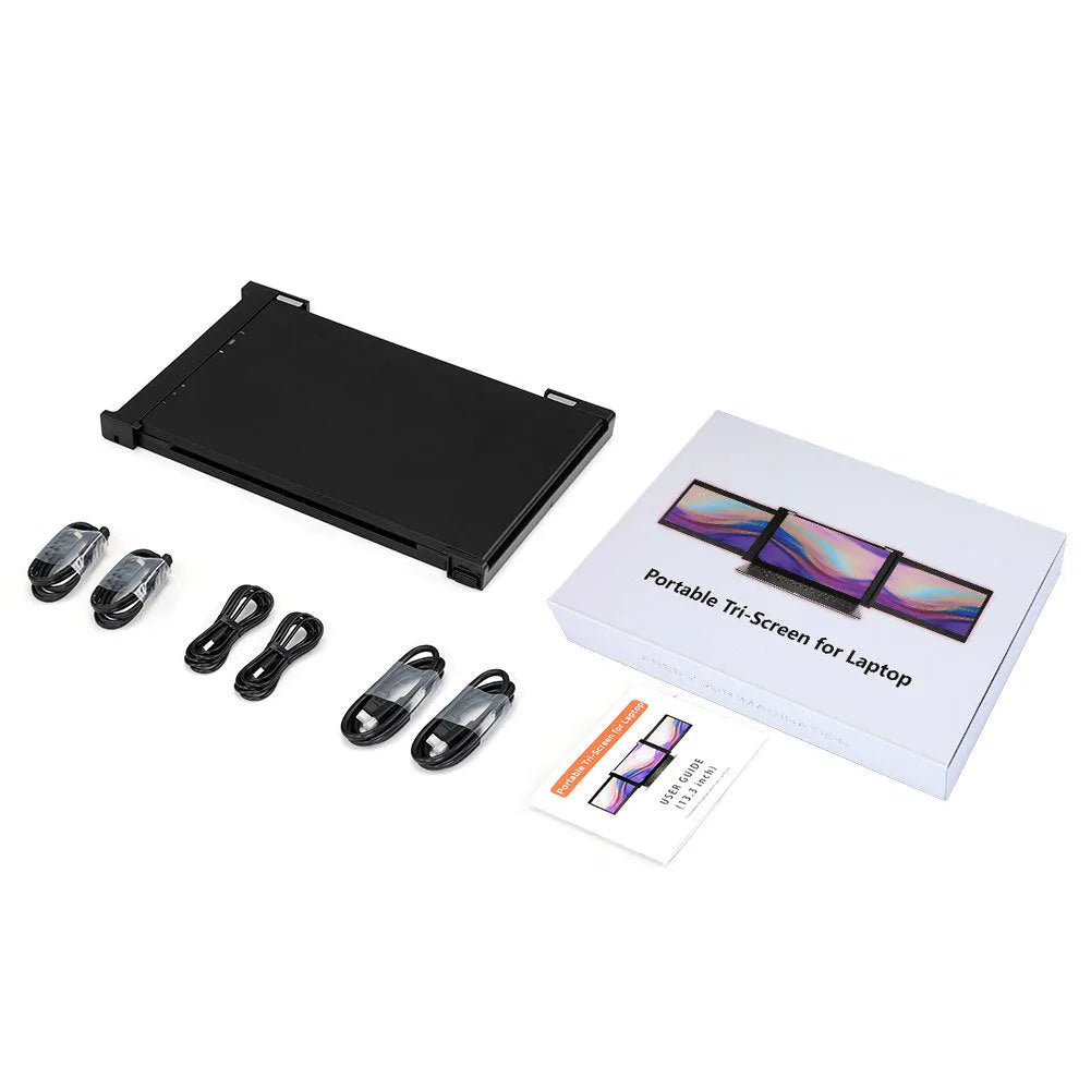 Black portable dual screen monitor with two 12.2 inch displays showing connected laptop and smartphone