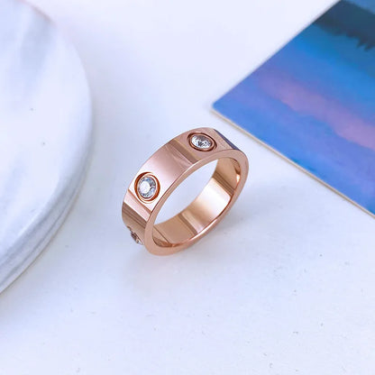 Titanium steel couple ring with six rhinestones, electroplated silver gold or rose gold, 4mm 5mm 6mm width