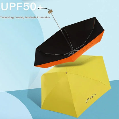 Compact flat-folded sun umbrella in a solid colour, shown next to a hand for scale.