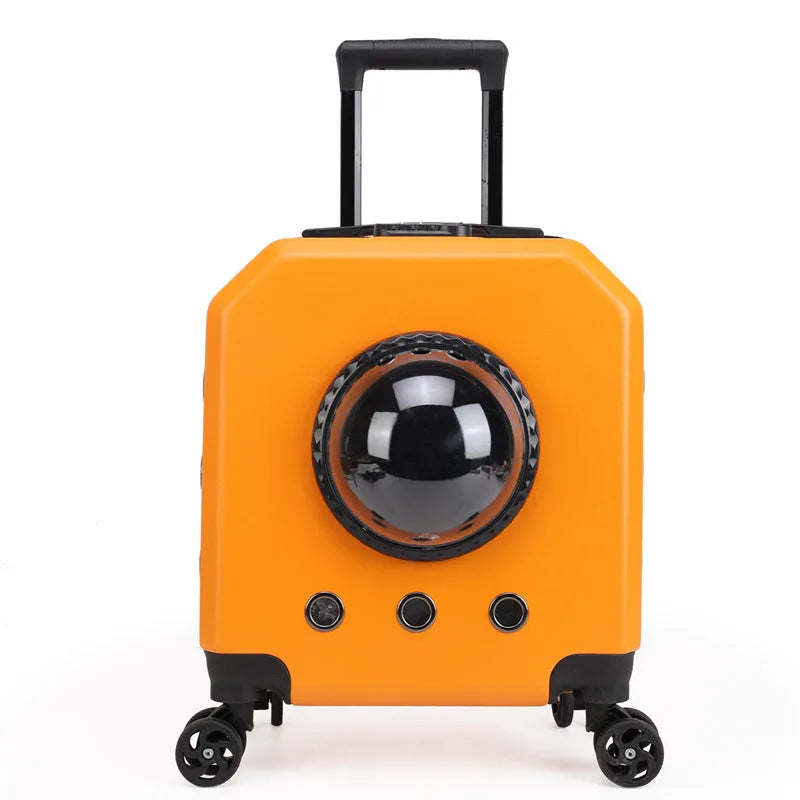 Hard PVC pet trolley flight case in orange colour with wheels and a pull handle.