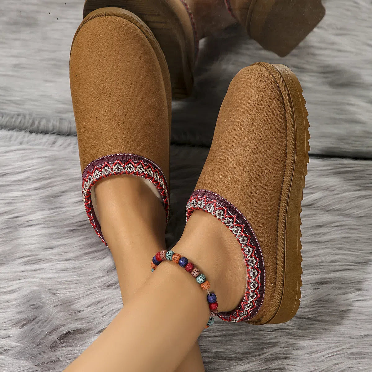 Women's half-slipper snow boots with faux fur lining, faux PU upper, and non-slip rubber sole in maroon.